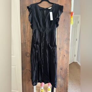 Vici Black Button-Front Midi Dress with Pockets